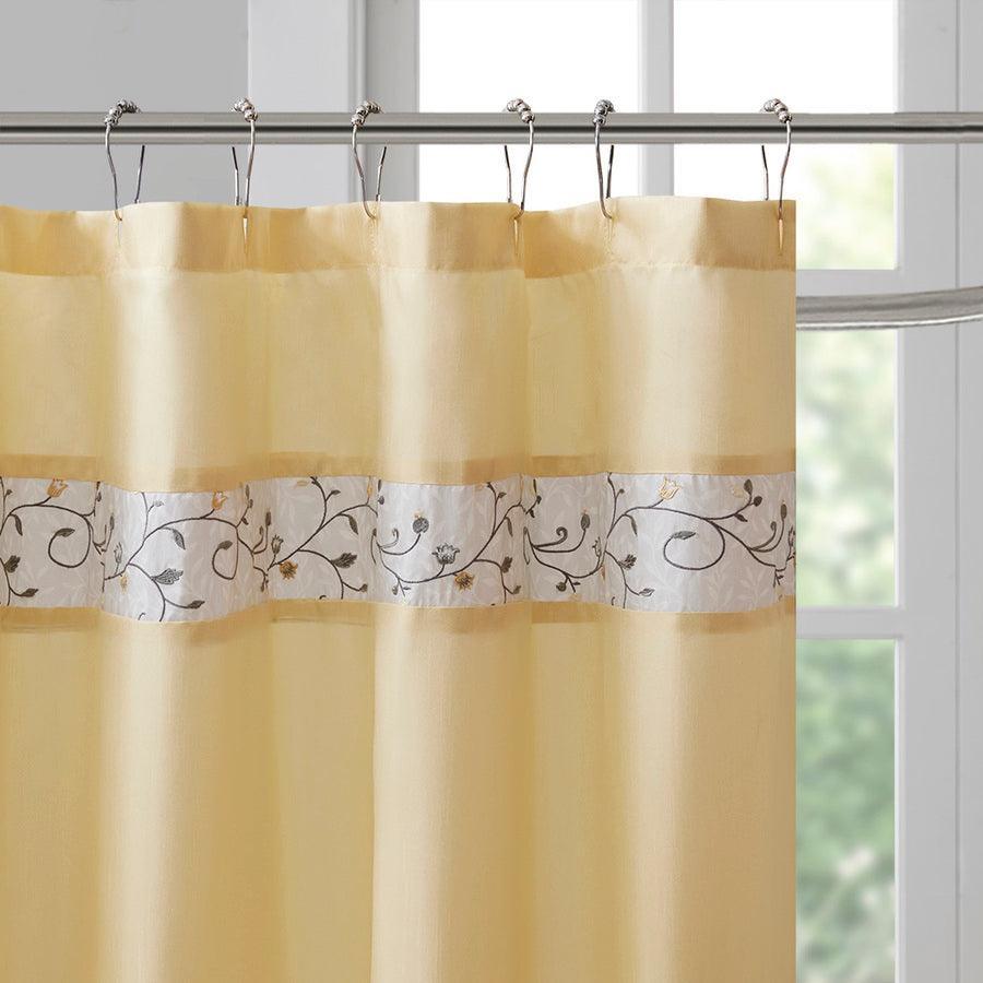 Olliix.com Shower Curtains - Serene Faux Silk Embroidered Floral Shower Curtain Yellow
