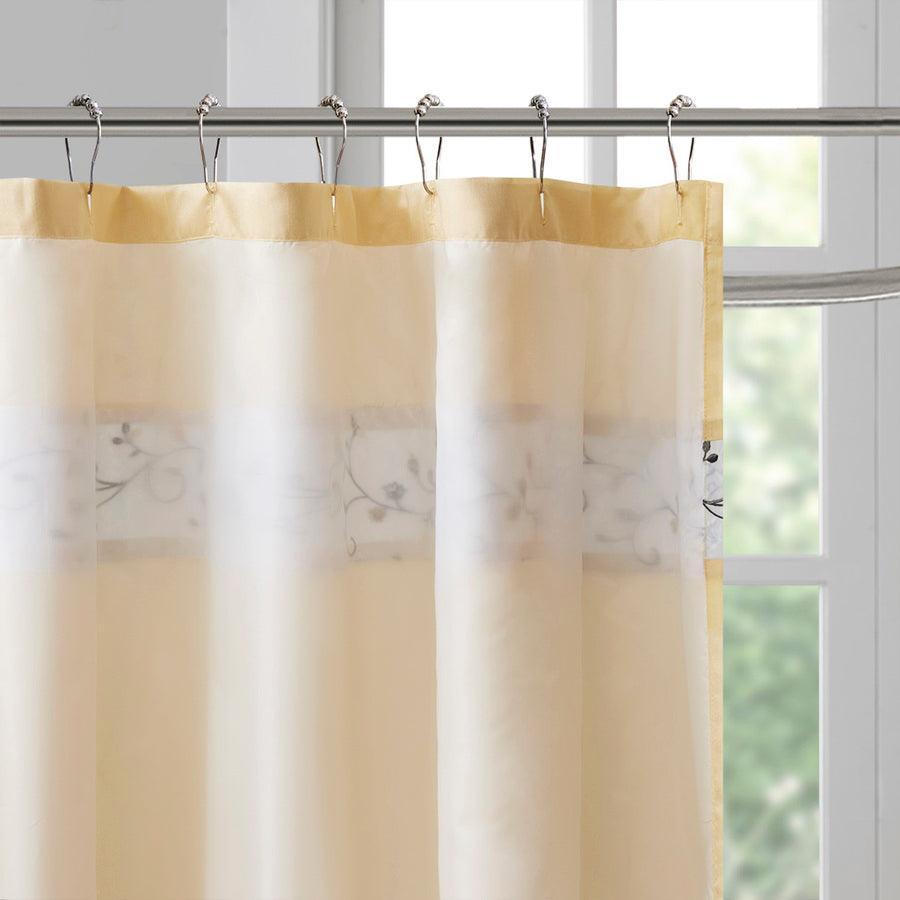 Olliix.com Shower Curtains - Serene Faux Silk Embroidered Floral Shower Curtain Yellow