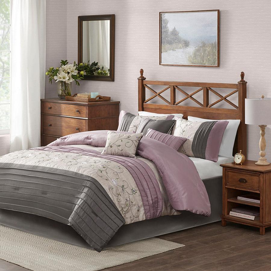 Olliix.com Comforters & Blankets - Serene Queen Embroidered 7 Piece Comforter Set Purple
