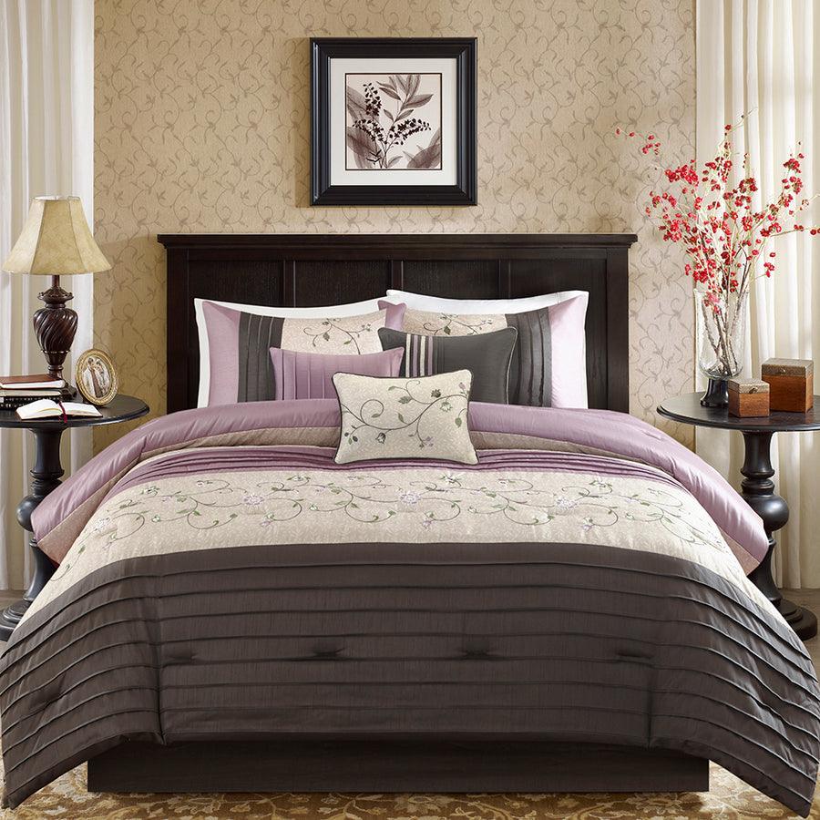 Olliix.com Comforters & Blankets - Serene Queen Embroidered 7 Piece Comforter Set Purple