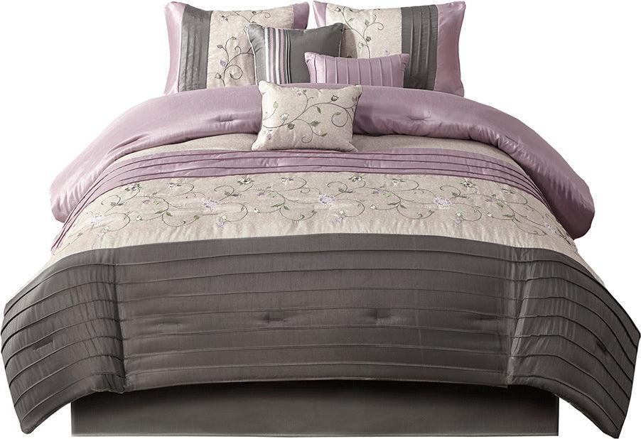 Olliix.com Comforters & Blankets - Serene Queen Embroidered 7 Piece Comforter Set Purple