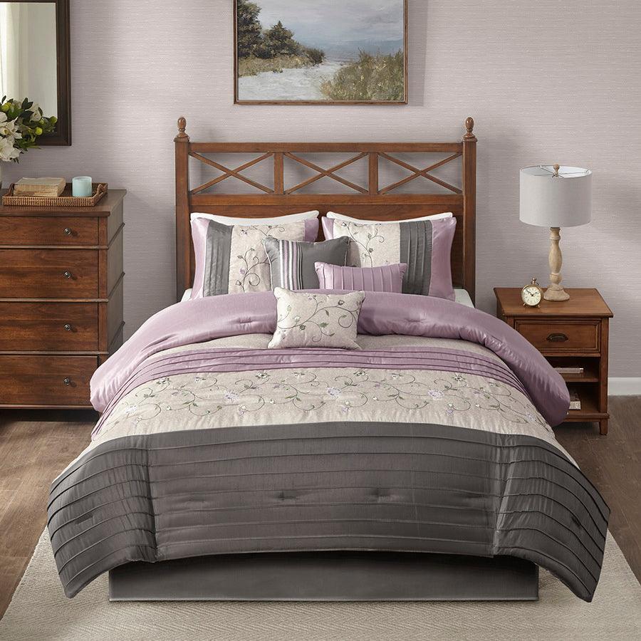 Olliix.com Comforters & Blankets - Serene Queen Embroidered 7 Piece Comforter Set Purple