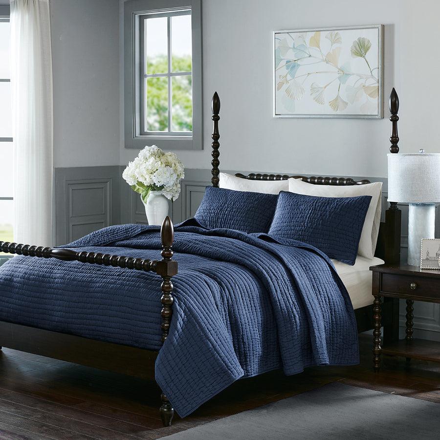Olliix.com Comforters & Blankets - Serene Transitional Cotton Hand Quilted Coverlet Set Full/Queen Blue
