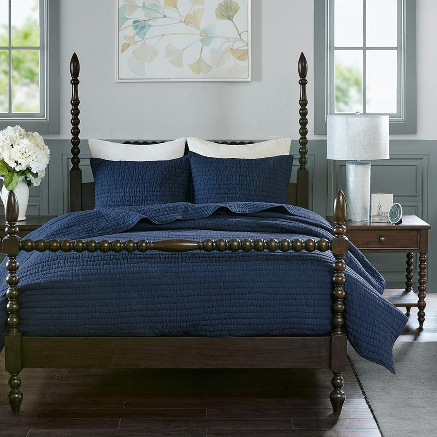 Olliix.com Comforters & Blankets - Serene Transitional Cotton Hand Quilted Coverlet Set Full/Queen Blue