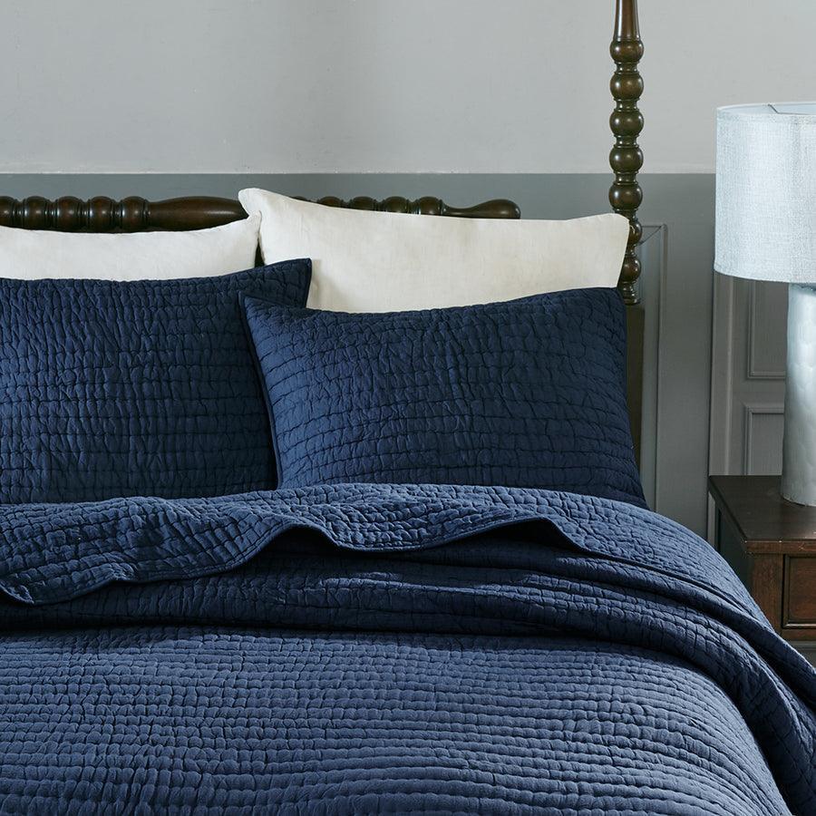 Olliix.com Comforters & Blankets - Serene Transitional Cotton Hand Quilted Coverlet Set Full/Queen Blue