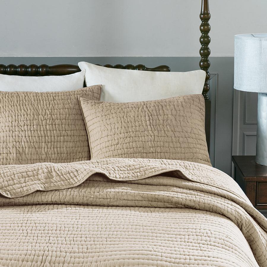 Olliix.com Comforters & Blankets - Serene Transitional Cotton Hand Quilted Coverlet Set Full/Queen Linen