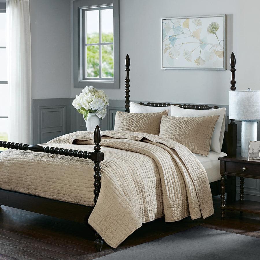 Olliix.com Comforters & Blankets - Serene Transitional Cotton Hand Quilted Coverlet Set King Linen