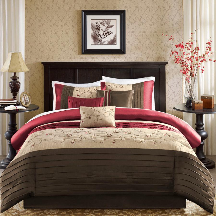 Olliix.com Comforters & Blankets - Serene Transitional Embroidered 7 Piece Comforter Set Red Cal King