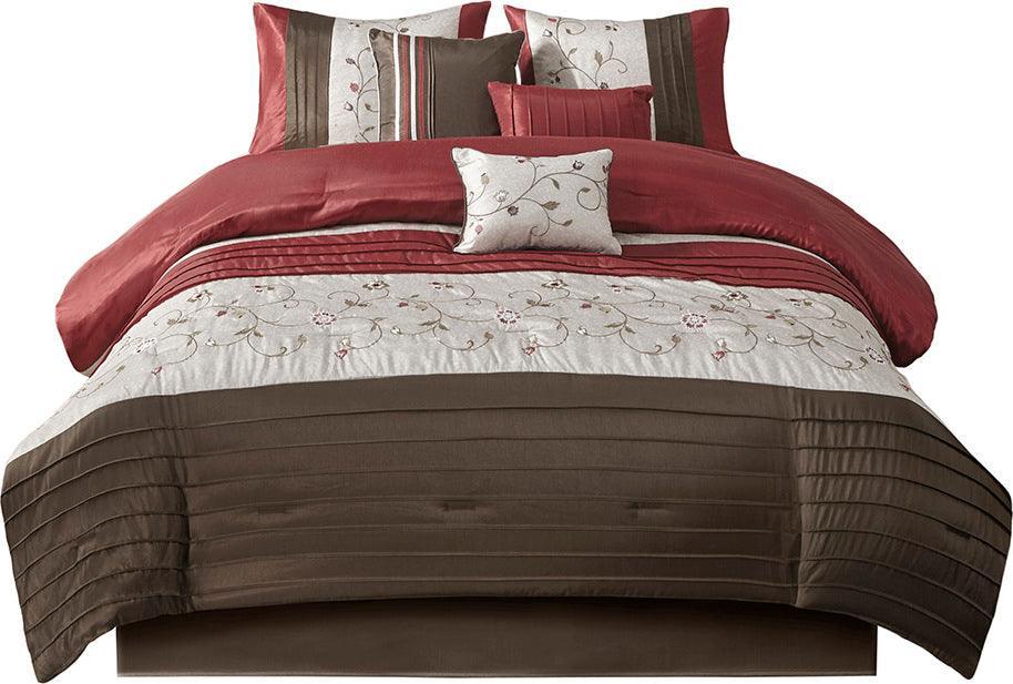 Olliix.com Comforters & Blankets - Serene Transitional Embroidered 7 Piece Comforter Set Red Cal King