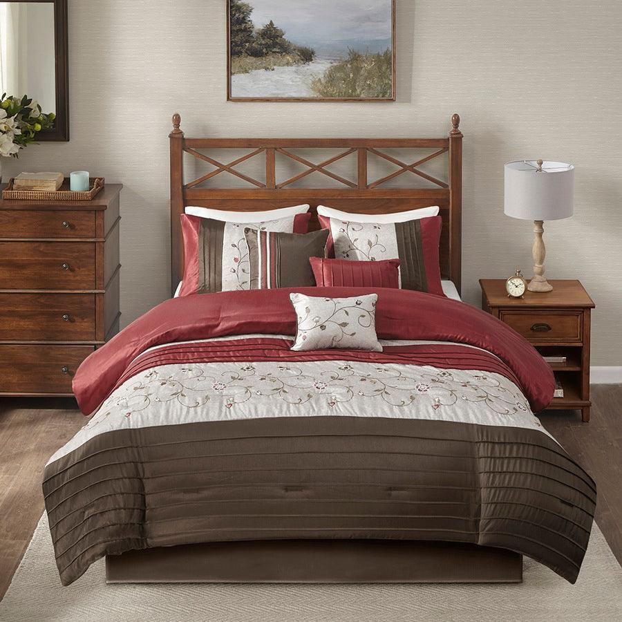 Olliix.com Comforters & Blankets - Serene Transitional Embroidered 7 Piece Comforter Set Red Cal King