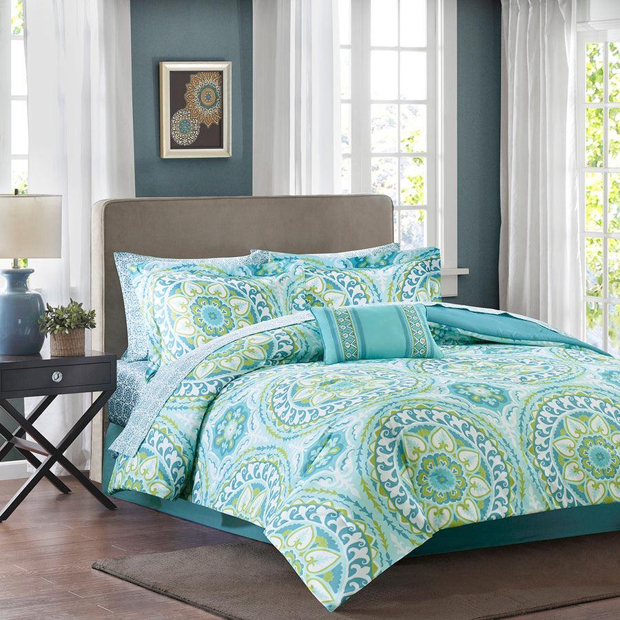 Olliix.com Comforters & Blankets - Serenity Complete Global Inspired Comforter and Cotton Sheet Set Aqua King