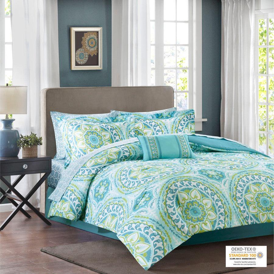 Olliix.com Comforters & Blankets - Serenity Complete Global Inspired Comforter and Cotton Sheet Set Aqua King