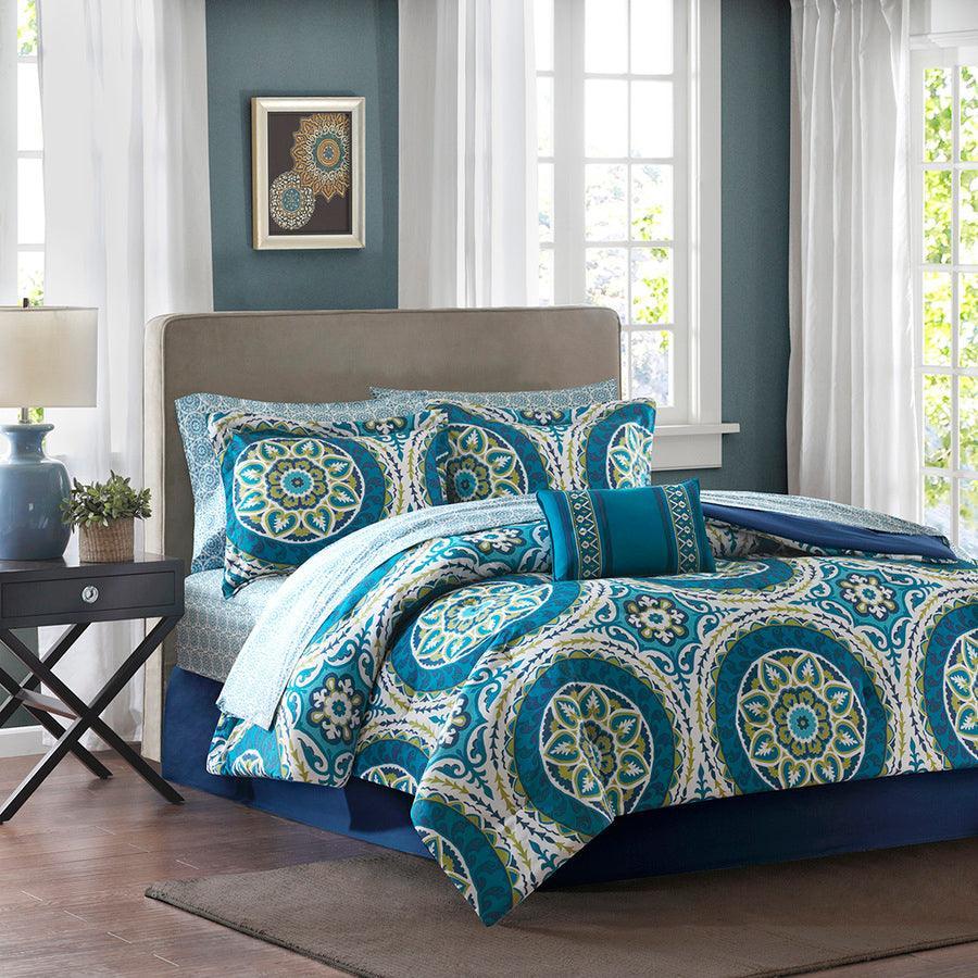 Olliix.com Comforters & Blankets - Serenity Complete Global Inspired Comforter and Cotton Sheet Set Blue Queen