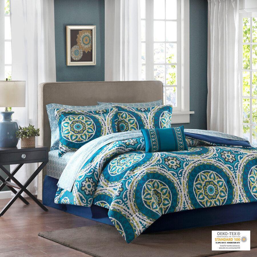 Olliix.com Comforters & Blankets - Serenity Complete Global Inspired Comforter and Cotton Sheet Set Blue Queen