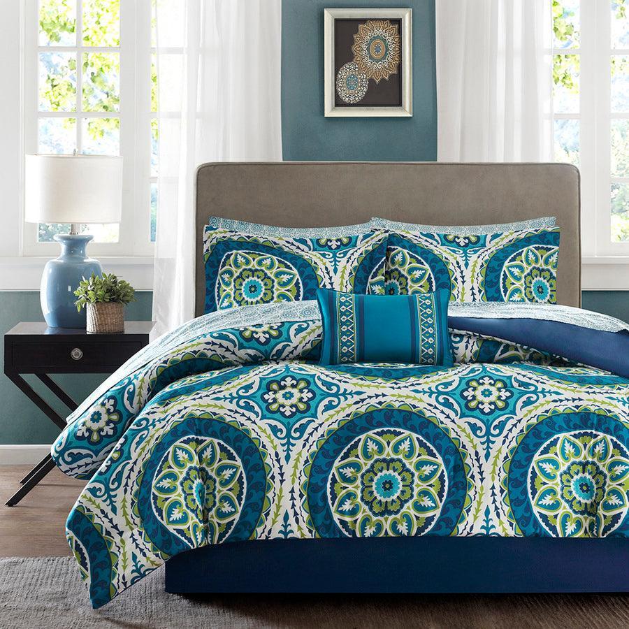 Olliix.com Comforters & Blankets - Serenity Complete Global Inspired Comforter and Cotton Sheet Set Blue Queen