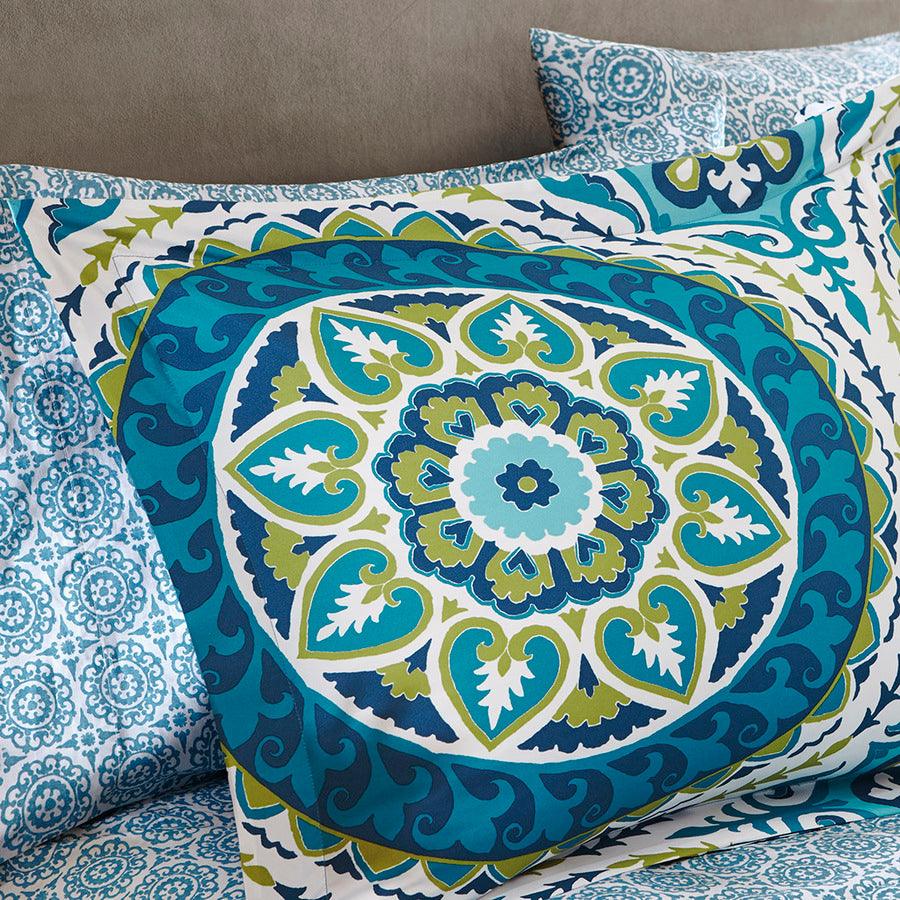 Olliix.com Comforters & Blankets - Serenity Complete Global Inspired Comforter and Cotton Sheet Set Blue Queen