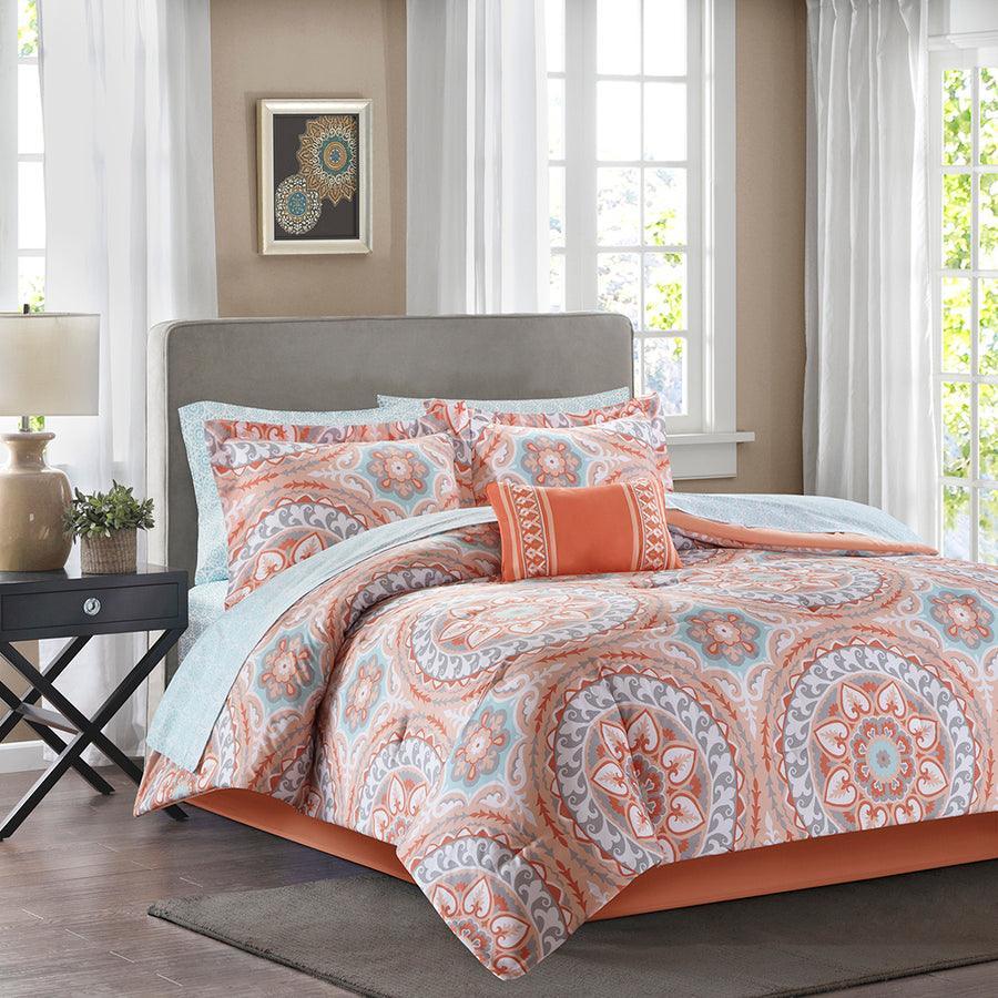 Olliix.com Comforters & Blankets - Serenity Full Complete Global Inspired Comforter and Cotton Sheet Set Coral