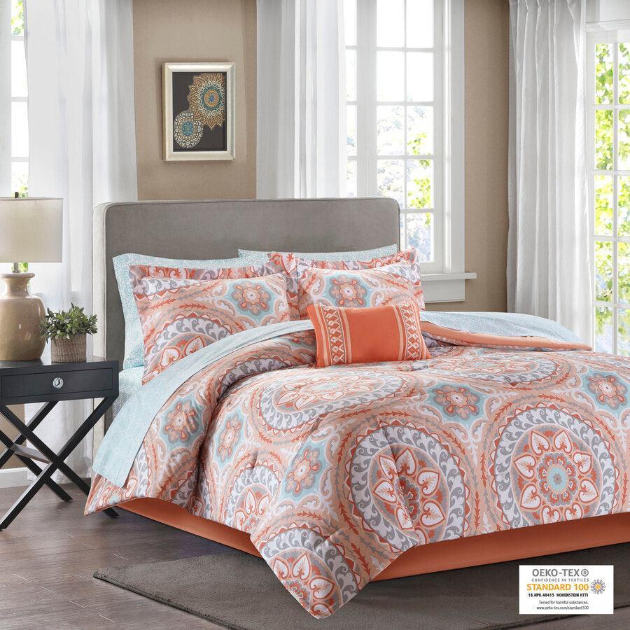 Olliix.com Comforters & Blankets - Serenity Full Complete Global Inspired Comforter and Cotton Sheet Set Coral