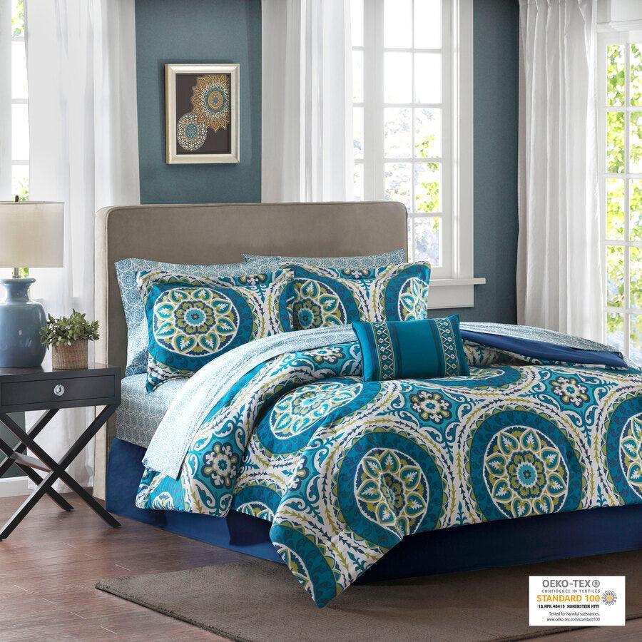 Olliix.com Comforters & Blankets - Serenity Transitional Complete Comforter and Cotton Sheet Set Blue Full