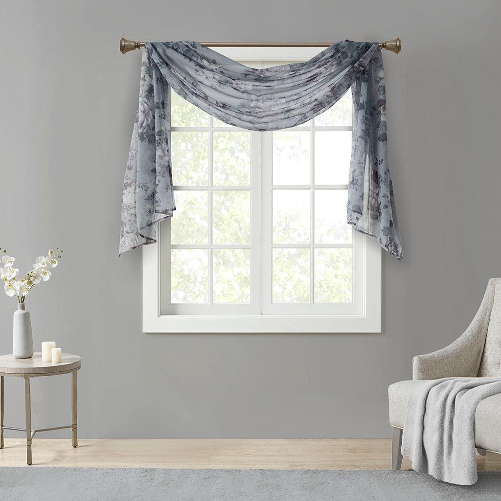 Olliix.com Curtains - Simone 144 H Printed Floral Voile Sheer Scarf Gray