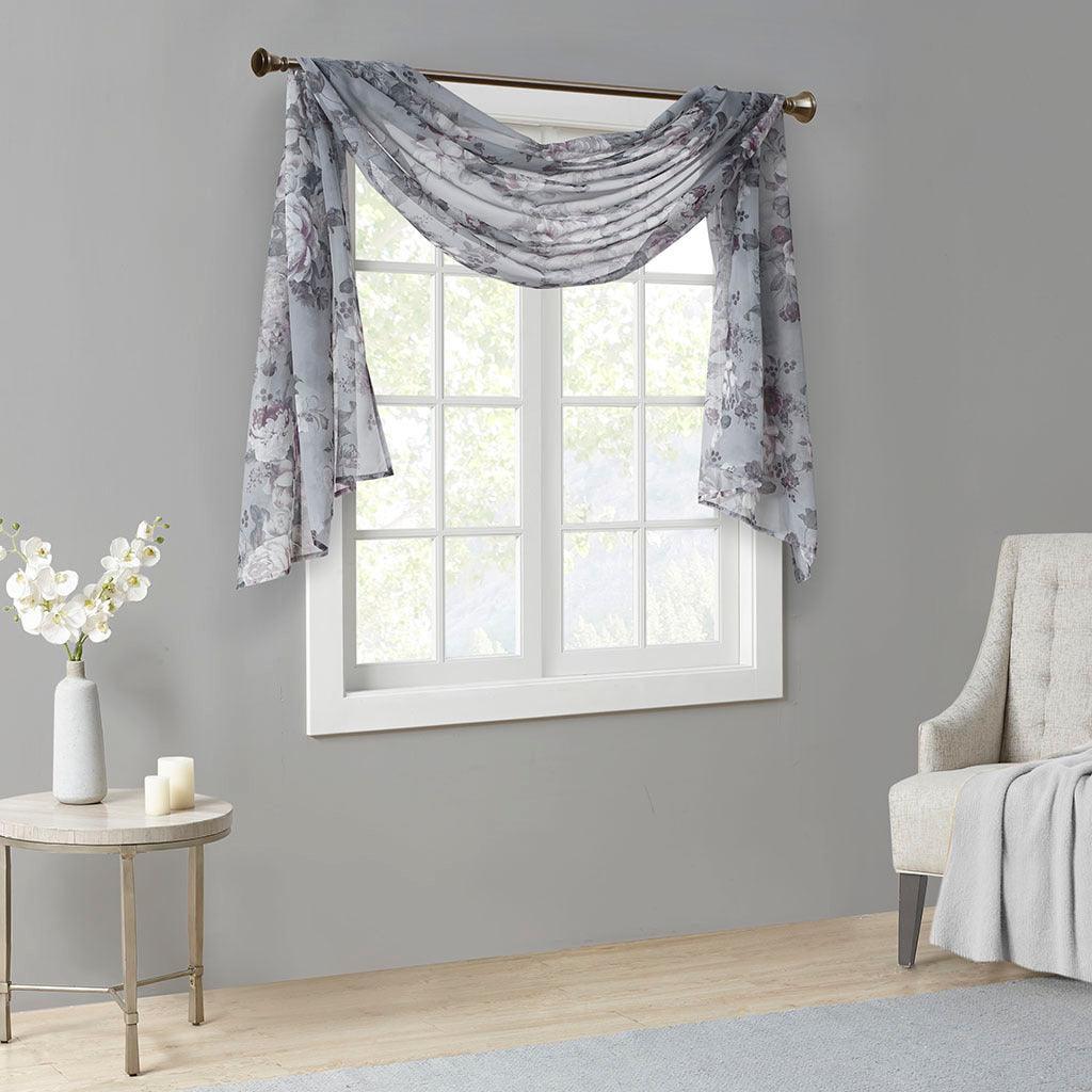 Olliix.com Curtains - Simone 144 H Printed Floral Voile Sheer Scarf Gray