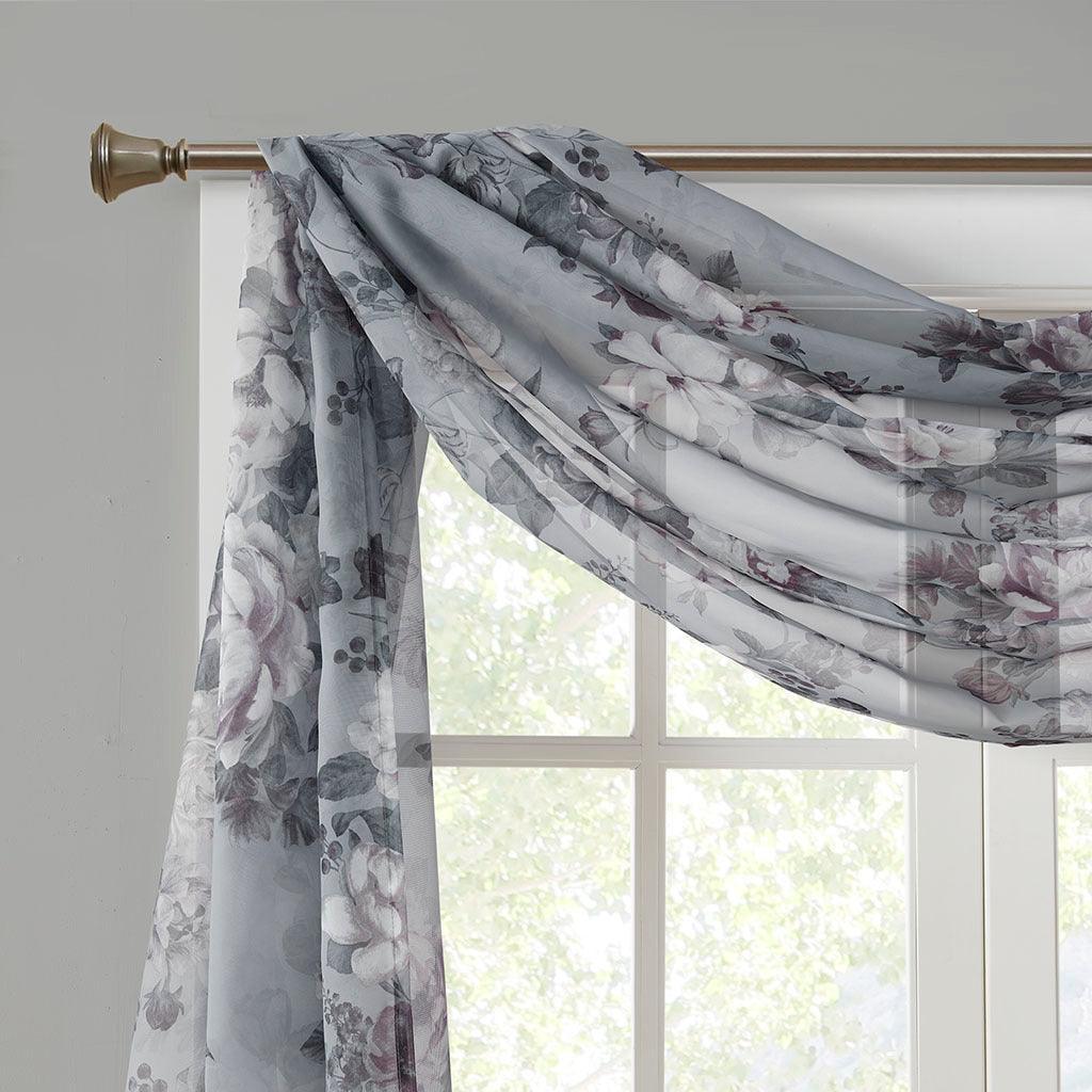 Olliix.com Curtains - Simone 144 H Printed Floral Voile Sheer Scarf Gray