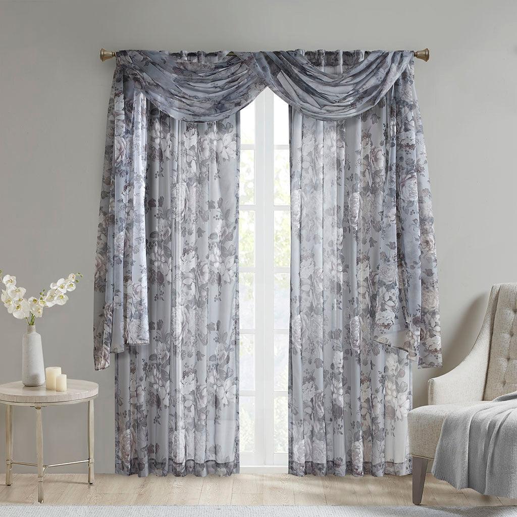 Olliix.com Curtains - Simone 144 H Printed Floral Voile Sheer Scarf Gray