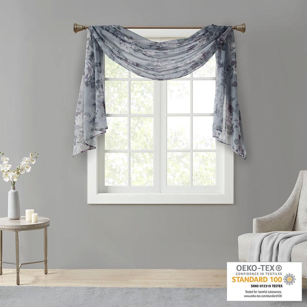 Olliix.com Curtains - Simone 144 H Printed Floral Voile Sheer Scarf Gray