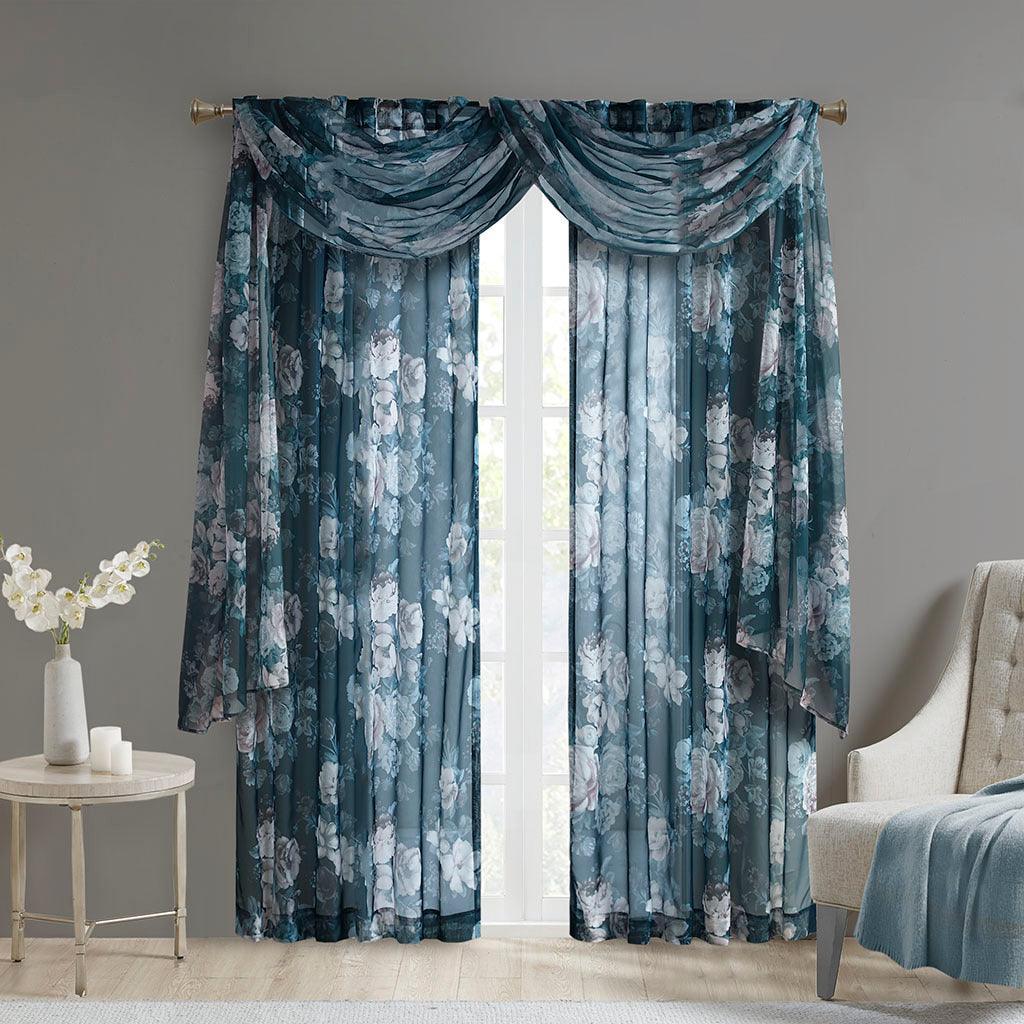 Olliix.com Curtains - Simone 144 H Printed Floral Voile Sheer Scarf Navy