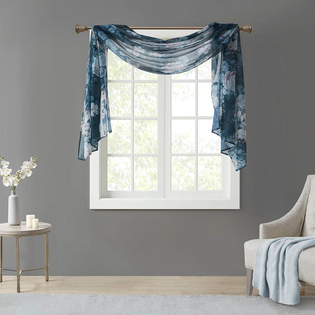 Olliix.com Curtains - Simone 216 H Printed Floral Voile Sheer Scarf Navy
