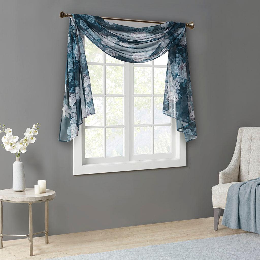 Olliix.com Curtains - Simone 216 H Printed Floral Voile Sheer Scarf Navy