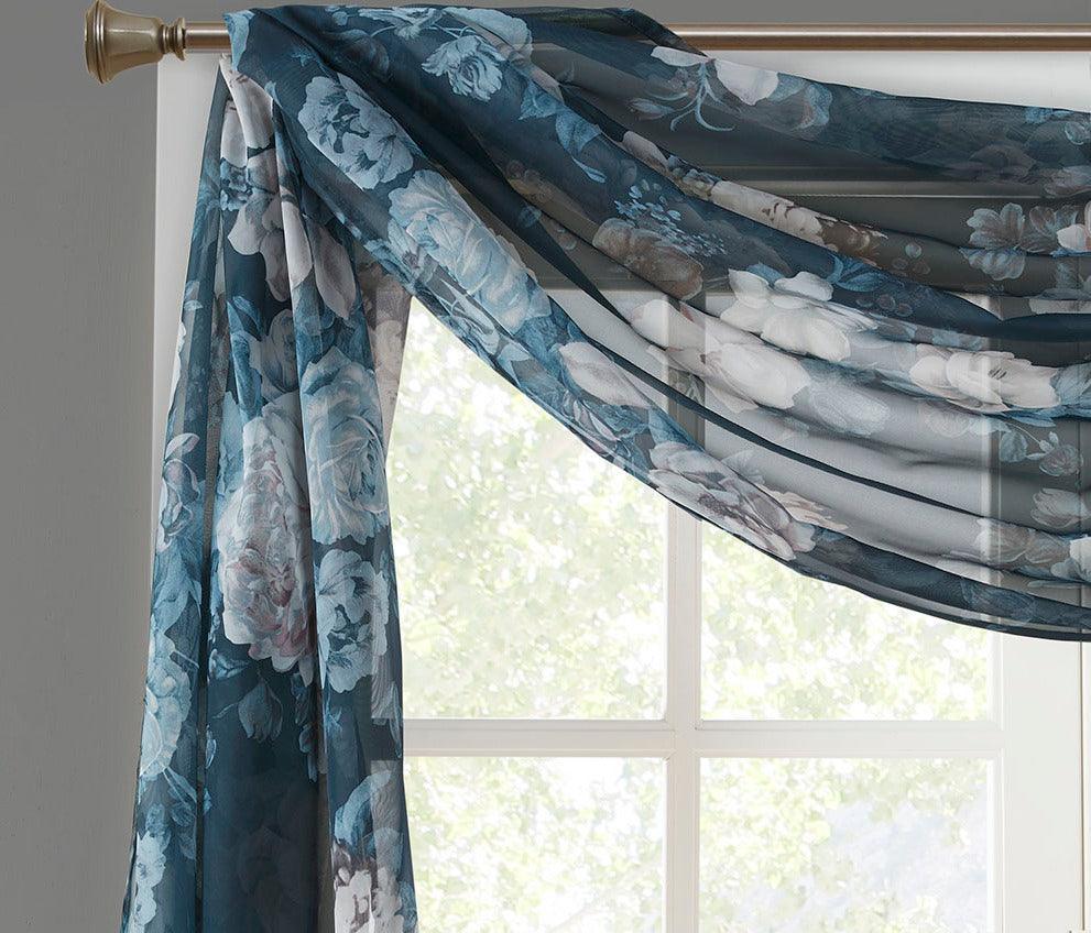 Olliix.com Curtains - Simone 216 H Printed Floral Voile Sheer Scarf Navy