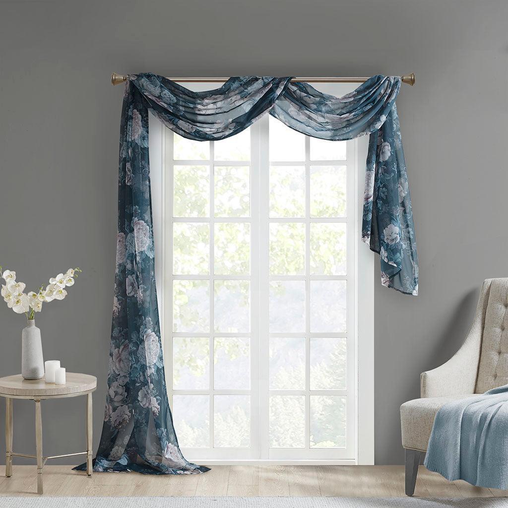 Olliix.com Curtains - Simone 216 H Printed Floral Voile Sheer Scarf Navy