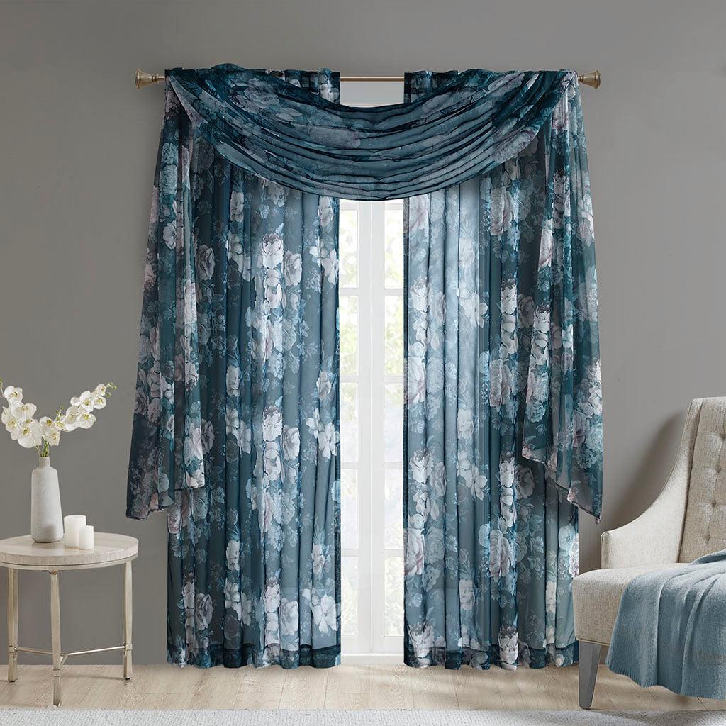 Olliix.com Curtains - Simone 216 H Printed Floral Voile Sheer Scarf Navy