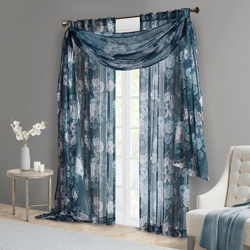 Olliix.com Curtains - Simone 216 H Printed Floral Voile Sheer Scarf Navy