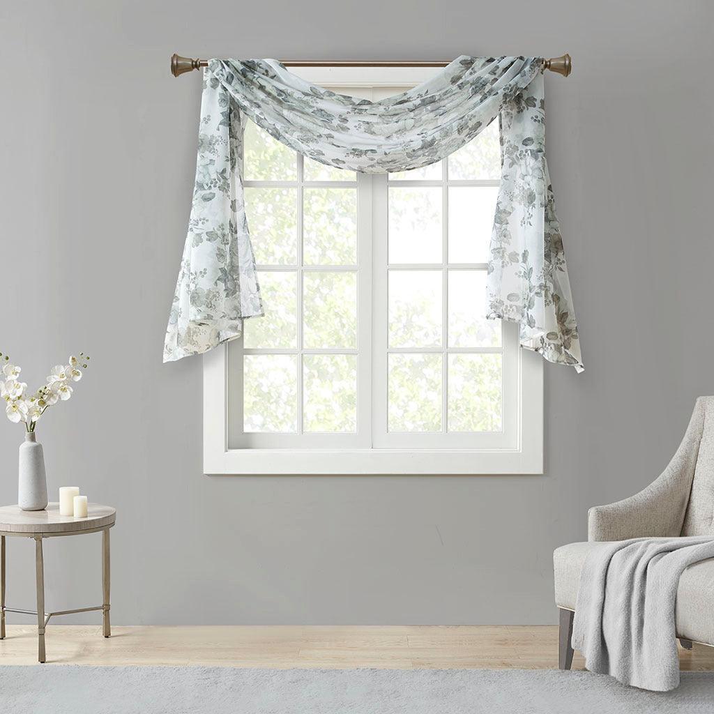 Olliix.com Curtains - Simone 216 H Printed Floral Voile Sheer Scarf White
