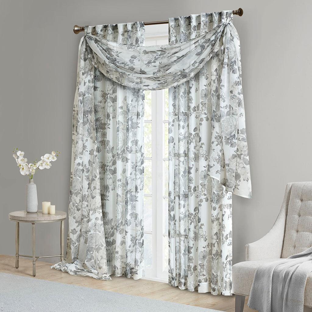 Olliix.com Curtains - Simone 216 H Printed Floral Voile Sheer Scarf White