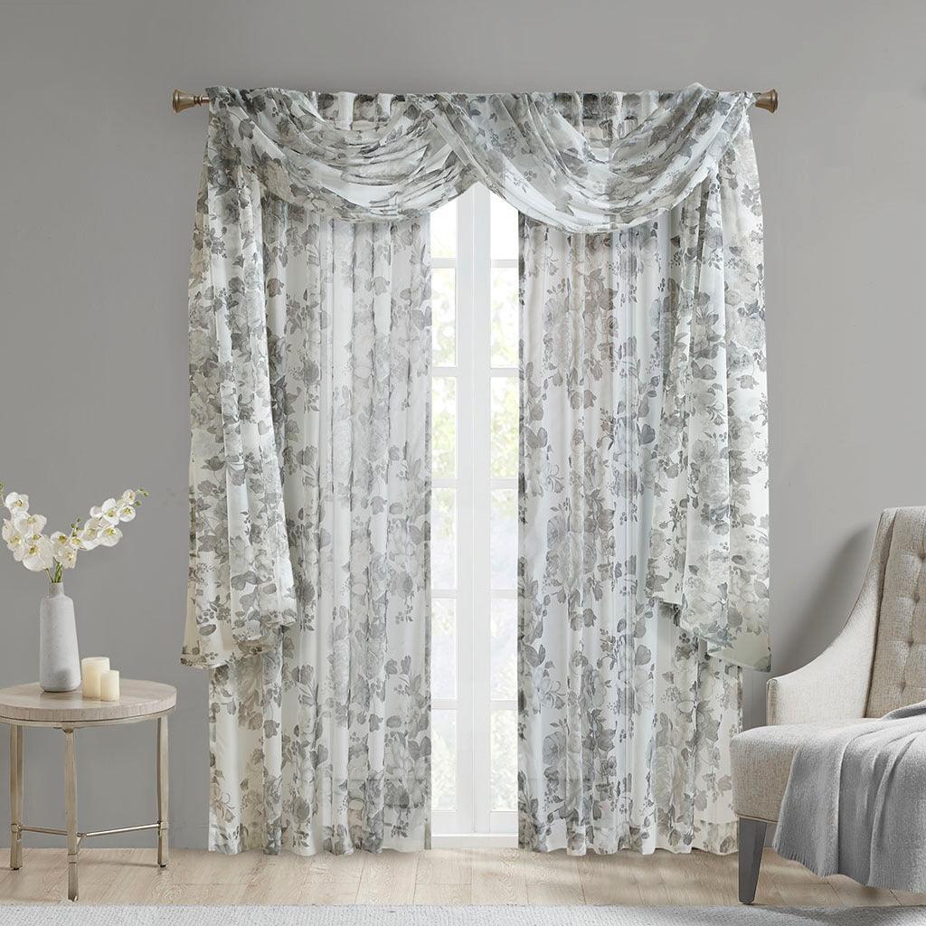 Olliix.com Curtains - Simone 216 H Printed Floral Voile Sheer Scarf White