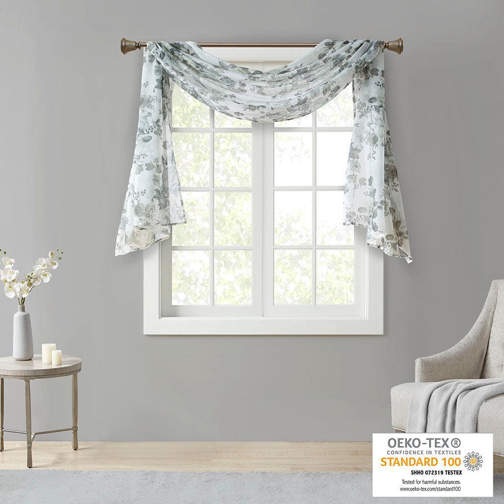 Olliix.com Curtains - Simone 216 H Printed Floral Voile Sheer Scarf White
