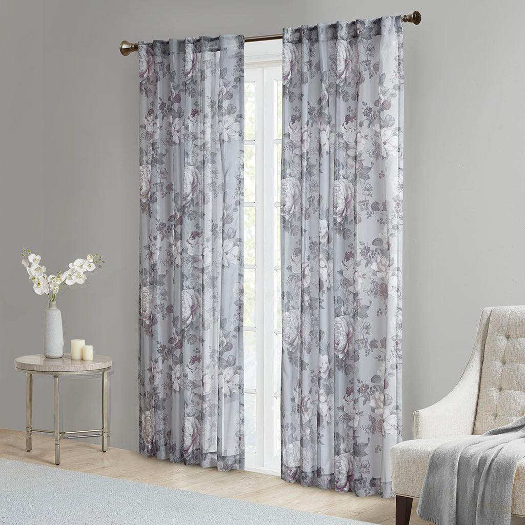 Olliix.com Curtains - Simone 84 H Printed Floral Rod Pocket and Back Tab Voile Sheer Gray