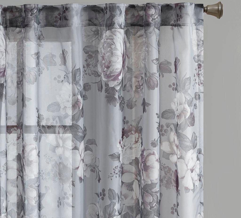 Olliix.com Curtains - Simone 84 H Printed Floral Rod Pocket and Back Tab Voile Sheer Gray