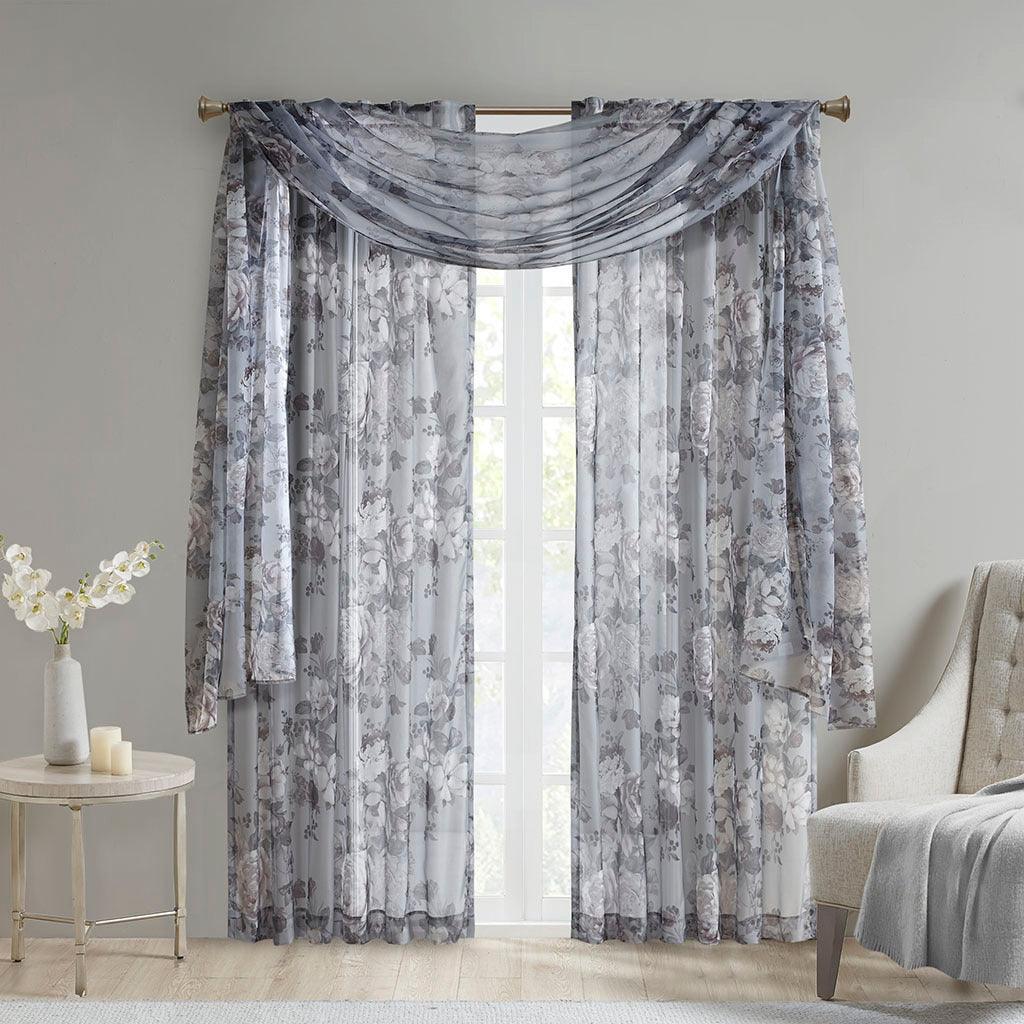 Olliix.com Curtains - Simone 84 H Printed Floral Rod Pocket and Back Tab Voile Sheer Gray