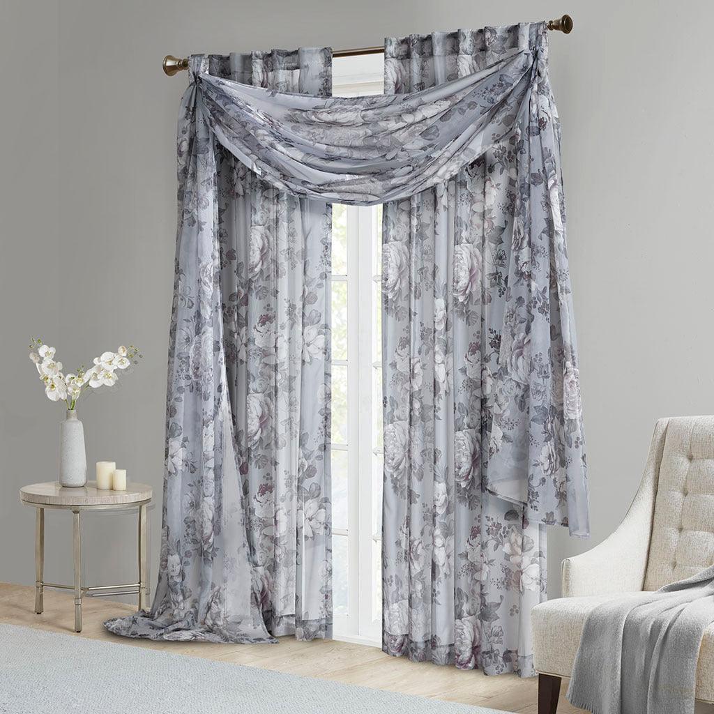 Olliix.com Curtains - Simone 84 H Printed Floral Rod Pocket and Back Tab Voile Sheer Gray