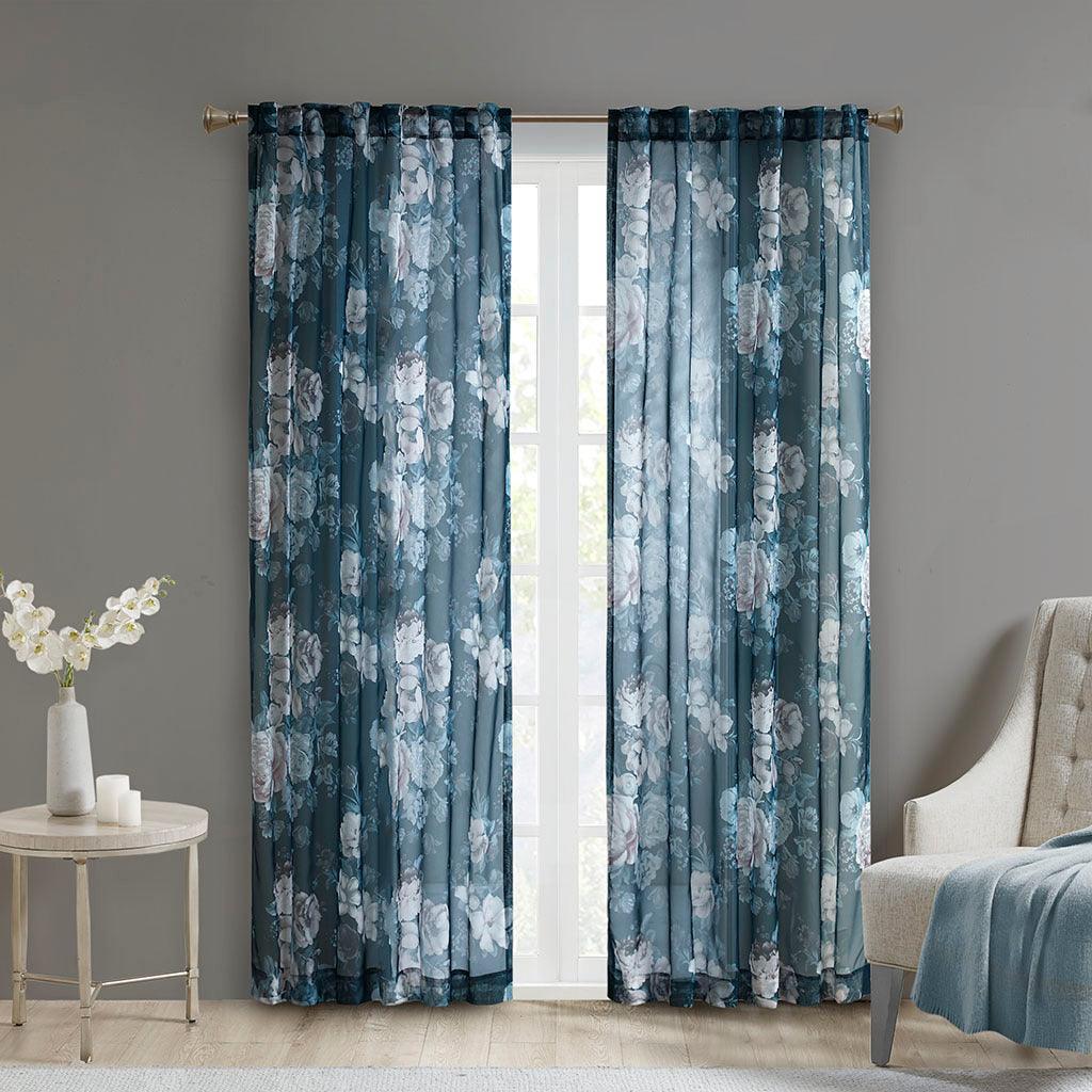 Olliix.com Curtains - Simone 84 H Printed Floral Rod Pocket and Back Tab Voile Sheer Navy