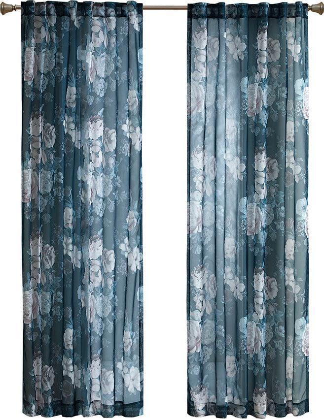 Olliix.com Curtains - Simone 84 H Printed Floral Rod Pocket and Back Tab Voile Sheer Navy