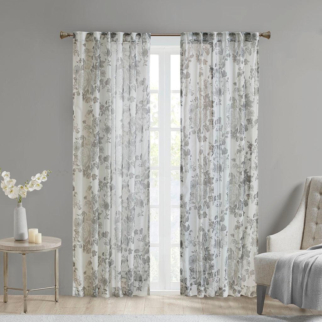 Olliix.com Curtains - Simone 84 H Printed Floral Rod Pocket and Back Tab Voile Sheer White
