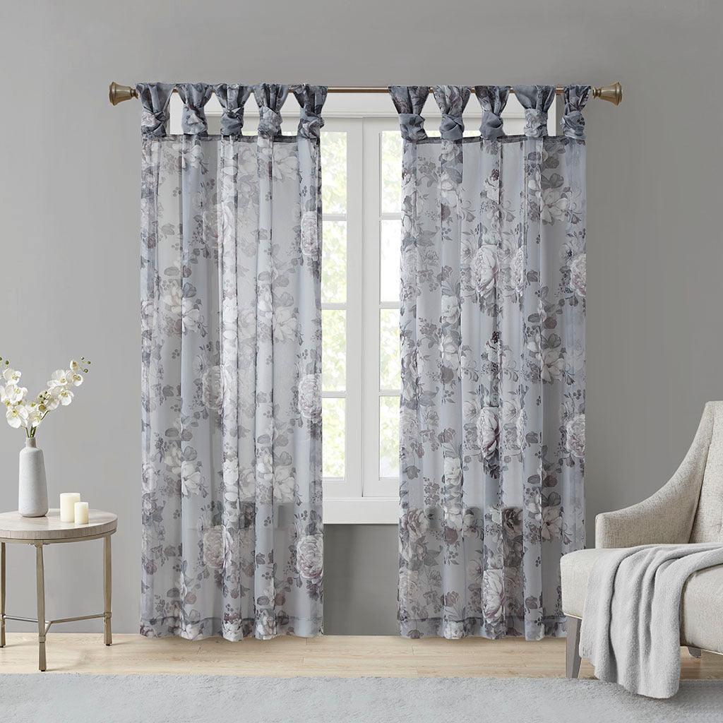 Olliix.com Curtains - Simone 84 H Printed Floral Twist Tab Top Voile Sheer Gray