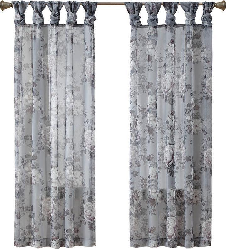 Olliix.com Curtains - Simone 84 H Printed Floral Twist Tab Top Voile Sheer Gray