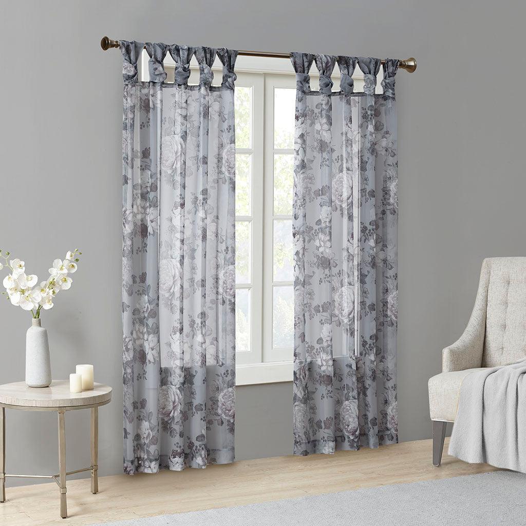 Olliix.com Curtains - Simone 84 H Printed Floral Twist Tab Top Voile Sheer Gray