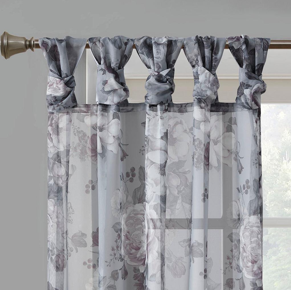Olliix.com Curtains - Simone 84 H Printed Floral Twist Tab Top Voile Sheer Gray